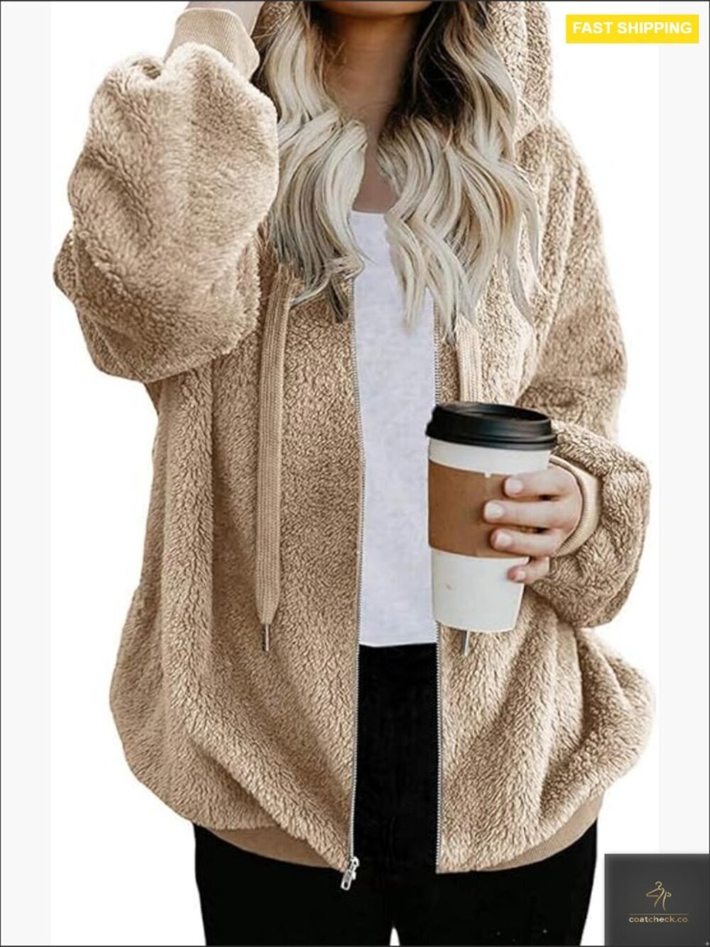 Oversized Sherpa Fleece Zip Up Hoodie Jacket Cozy Warm Fuzzy Coat Pockets